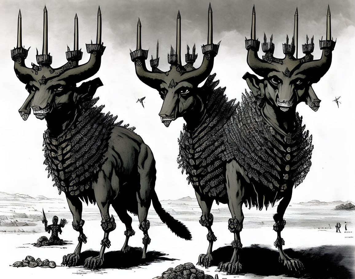 Three menacing, multi-horned beast-like creatures in a barren landscape with flying birds.