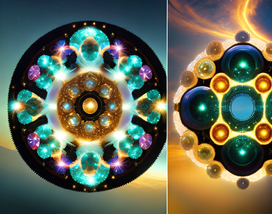 Colorful kaleidoscope designs with gemstones on cosmic backgrounds