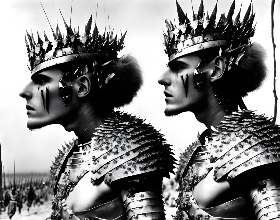 Two people in spiky metallic armor with crown-like helmets and war paint, standing under a cloudy