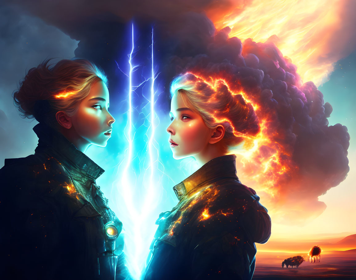 Women separated by lightning in fiery explosion and sunset skies