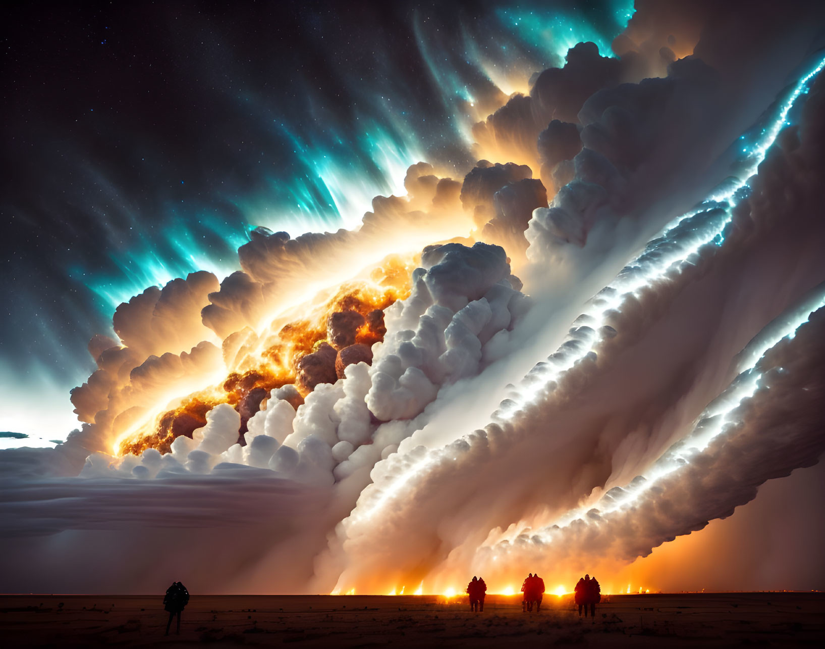 Dramatic sunset thunderstorm with fiery clouds and silhouetted figures