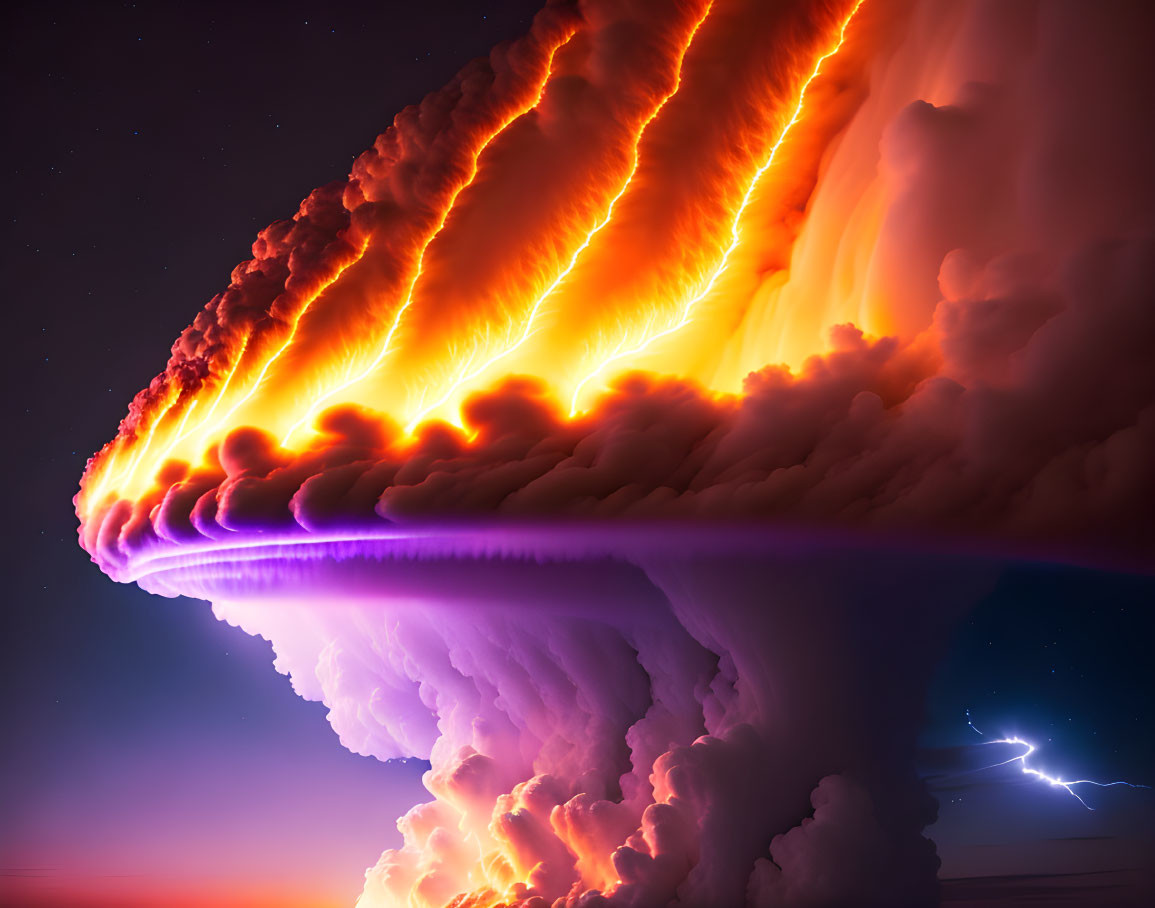 Nighttime Cumulonimbus Cloud with Lightning and Fiery Orange Glow