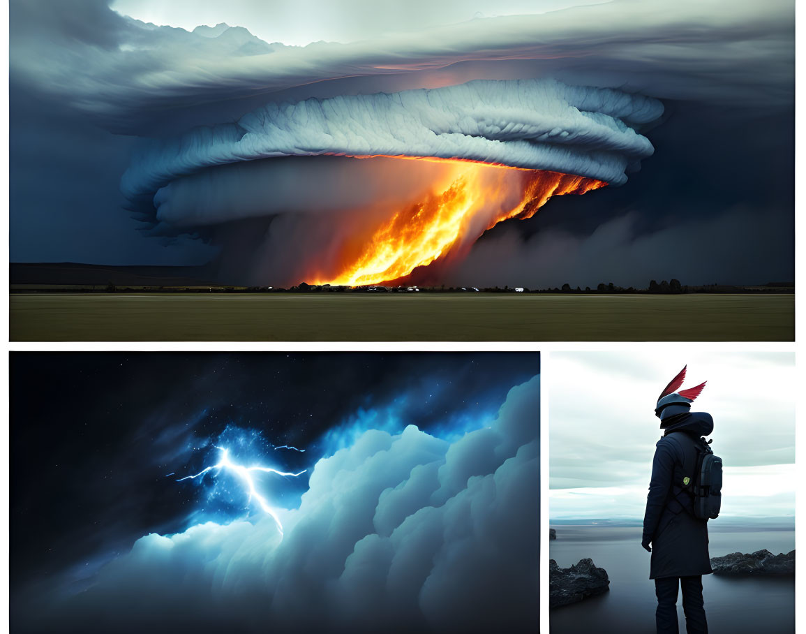 Collage of fiery cloud, cosmic lightning, and stargazing person