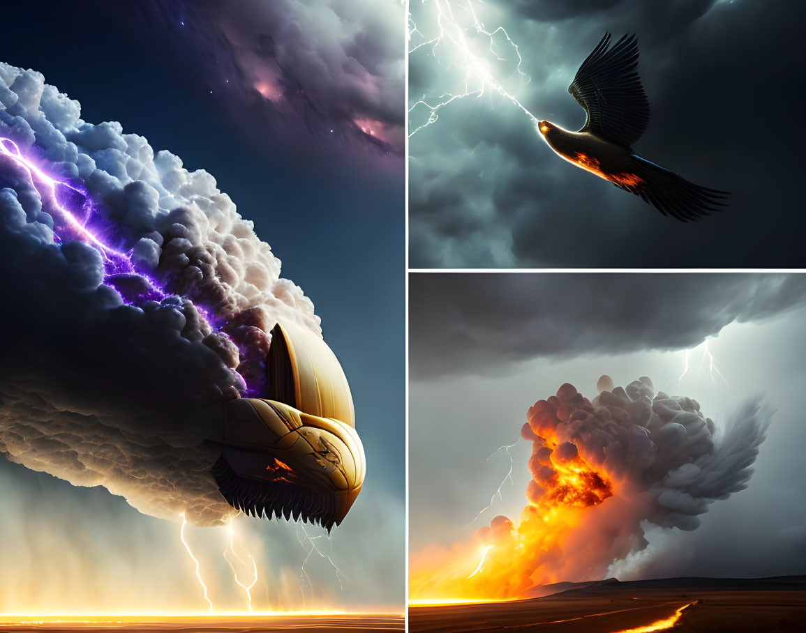 Collage of Dramatic Airship, Bird, Lightning, and Volcanic Eruptions