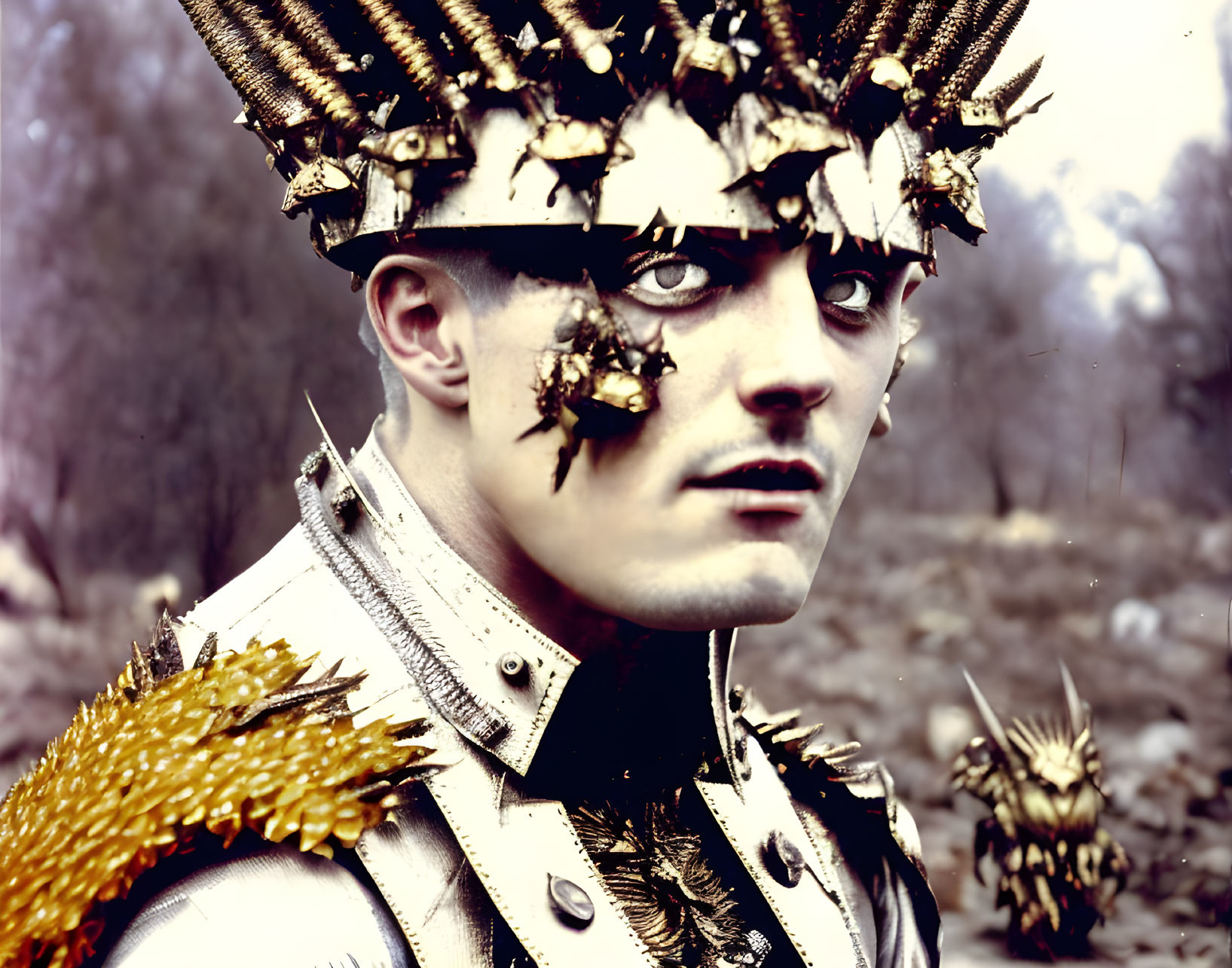 Person with Blue Eyes in Golden Spiked Headpiece and Face Paint