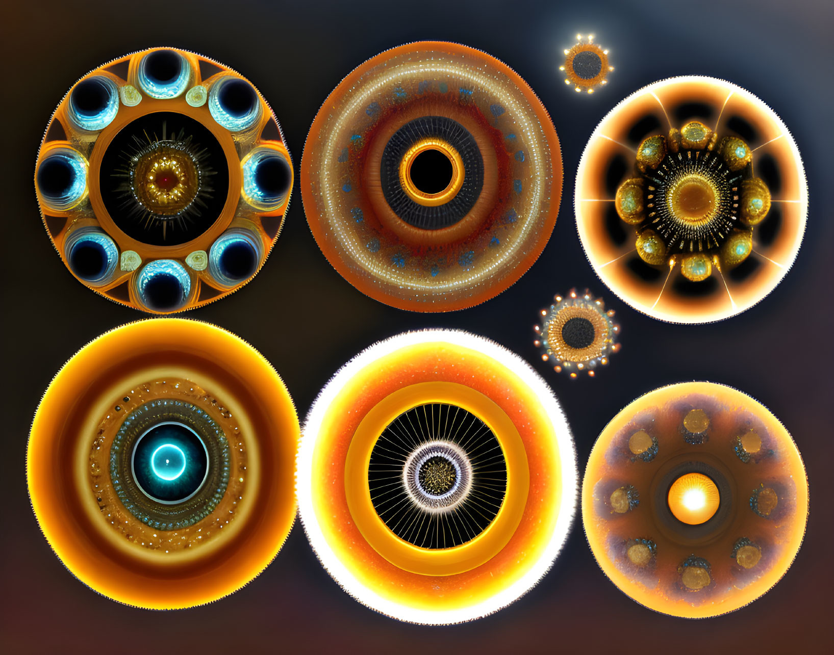 Colorful symmetrical orbs with intricate patterns on dark background