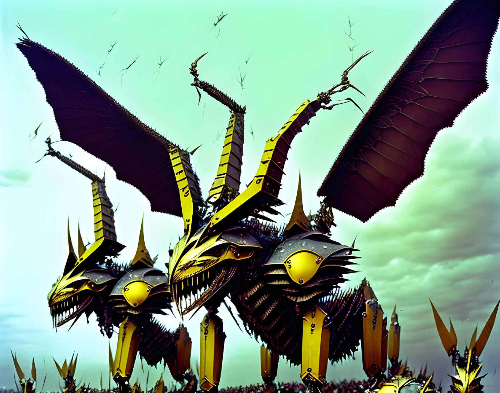 Mechanical Dragons Digital Illustration: Sharp Features, Metallic Bodies, Expansive Wings