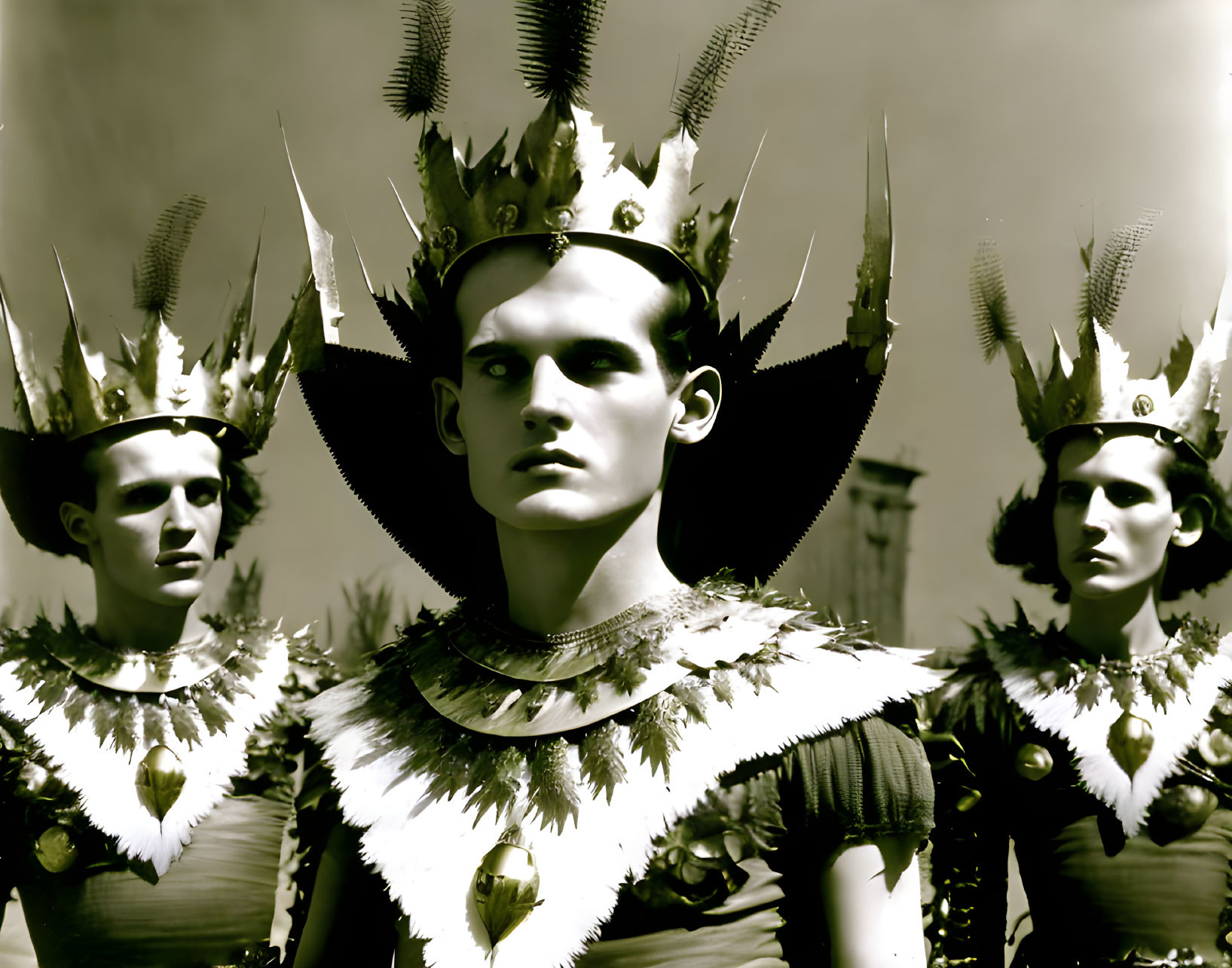 Elaborately dressed individuals with regal headdresses and intense gaze