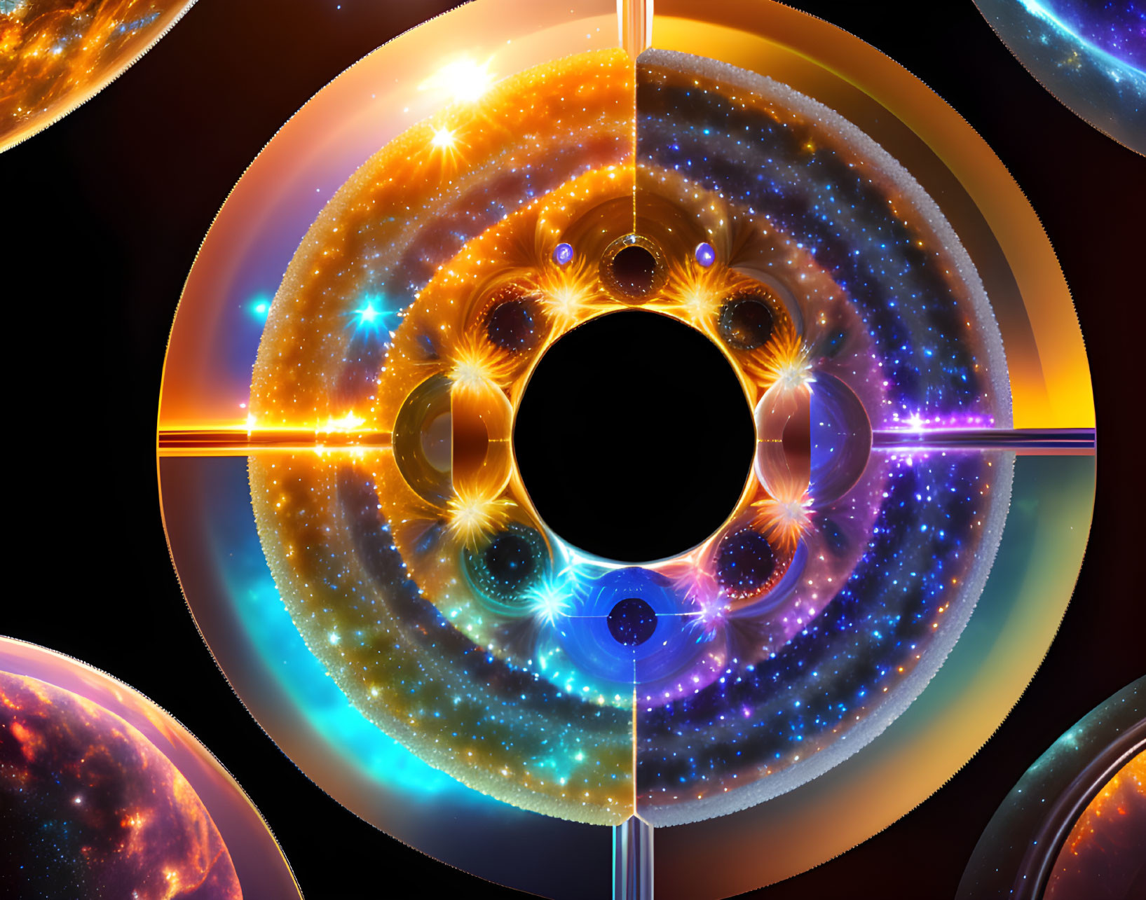 Colorful digital artwork: Black hole with cosmic rings and orbs