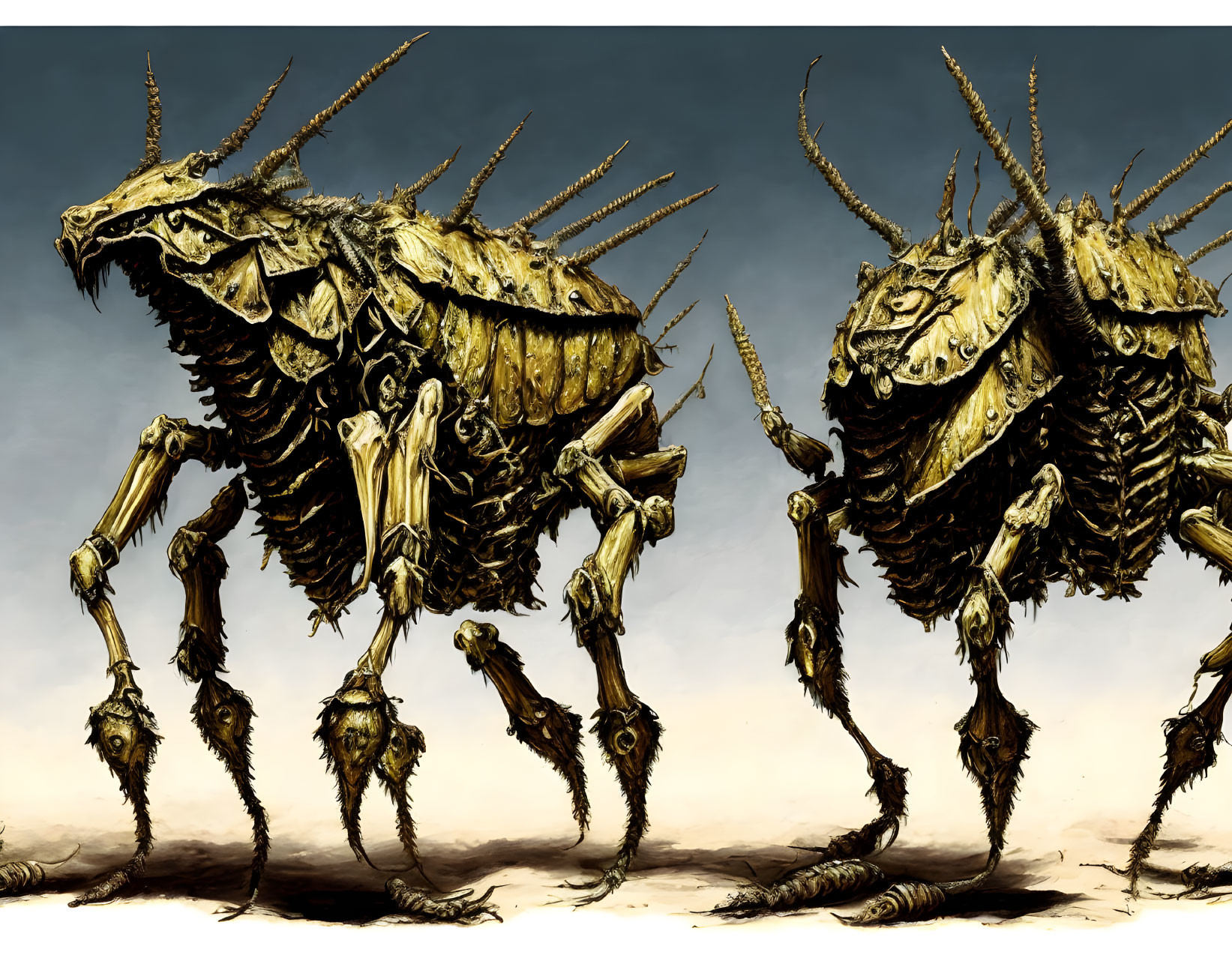 Menacing insect-like creatures in desolate landscape