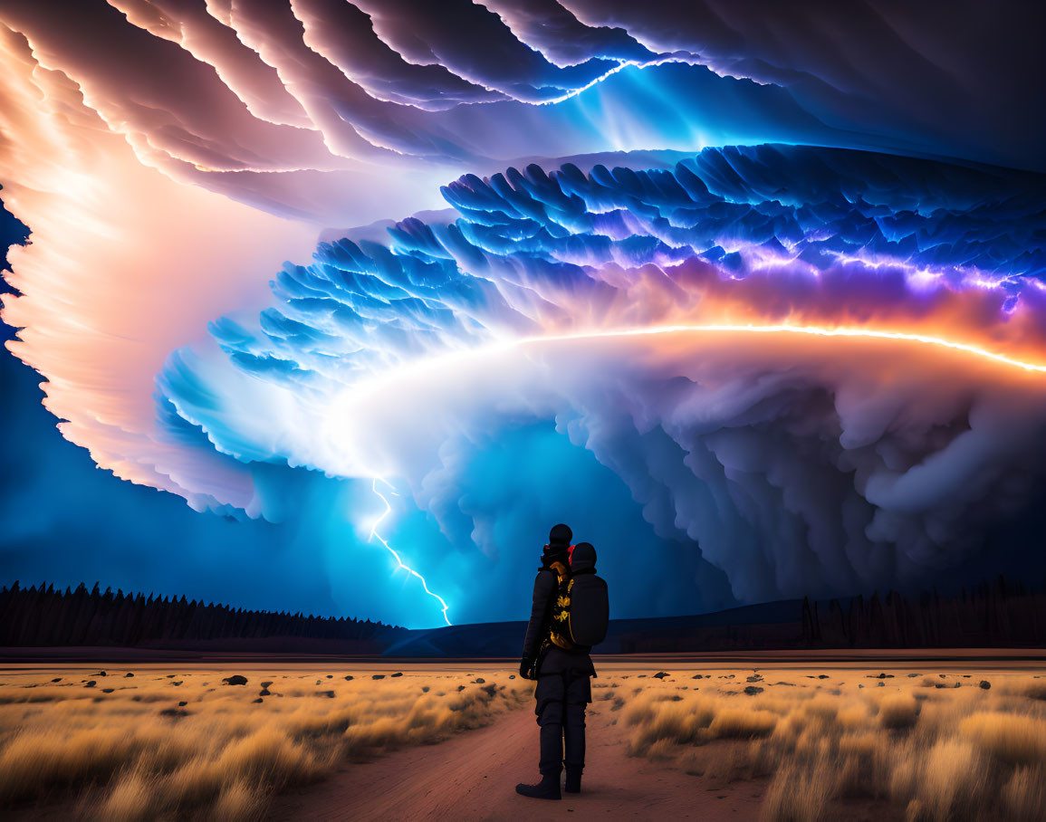 Person with backpack gazes at dramatic supercell thunderstorm