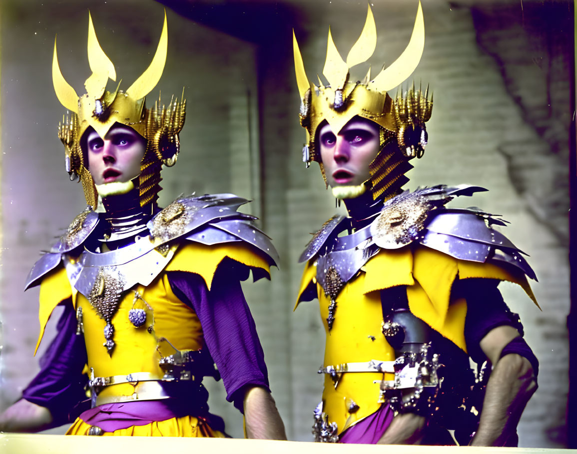 Elaborate Fantasy Costumes with Metallic Armor and Horned Helmets