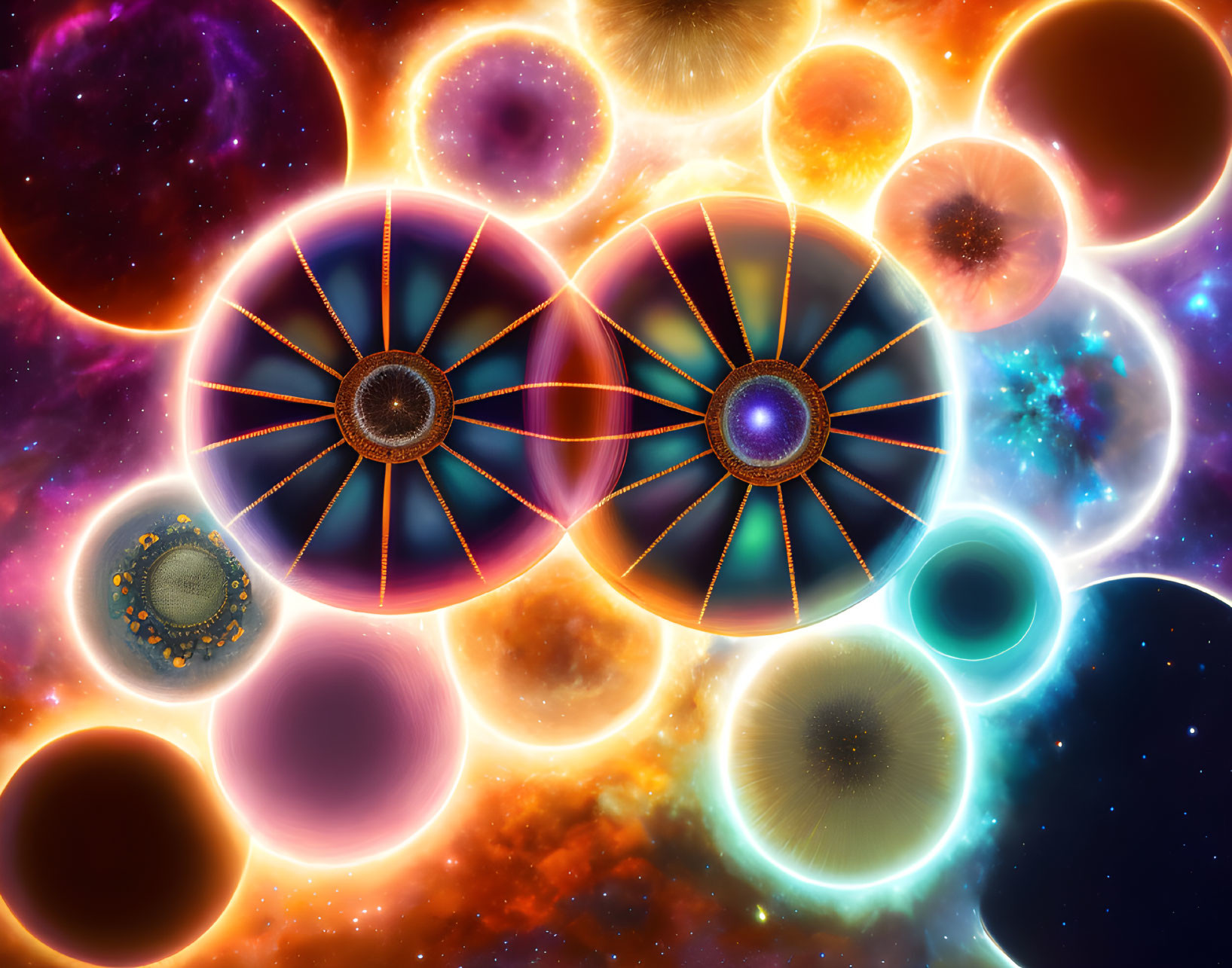 Colorful interconnected spheres in cosmic backdrop