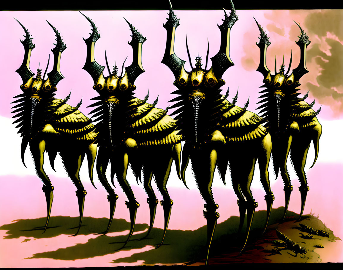 Six stylized spiky alien creatures with glowing eyes in pink and yellow sky