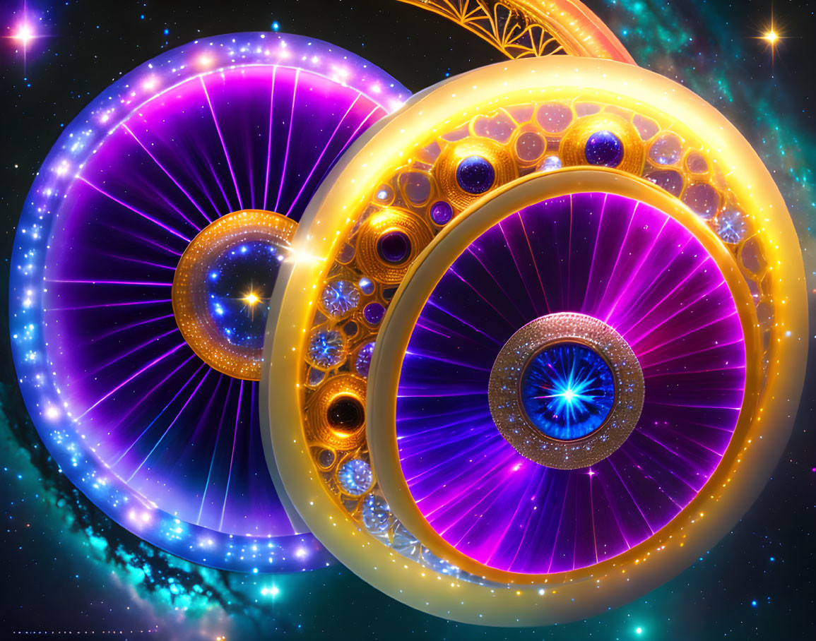 Colorful digital artwork: spiral structures, glowing orbs, cosmic background