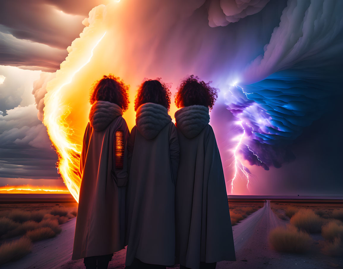 Glowing-edge figures under fiery orange and cool blue sky with lightning