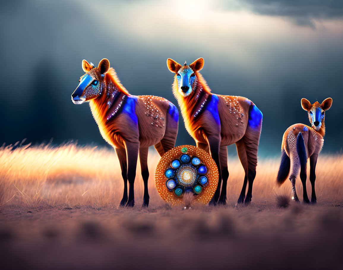 Luminescent mythical deer-like creatures in twilight field