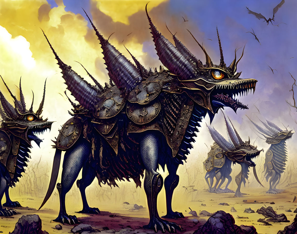 Fantasy illustration of armored creatures under dusky sky