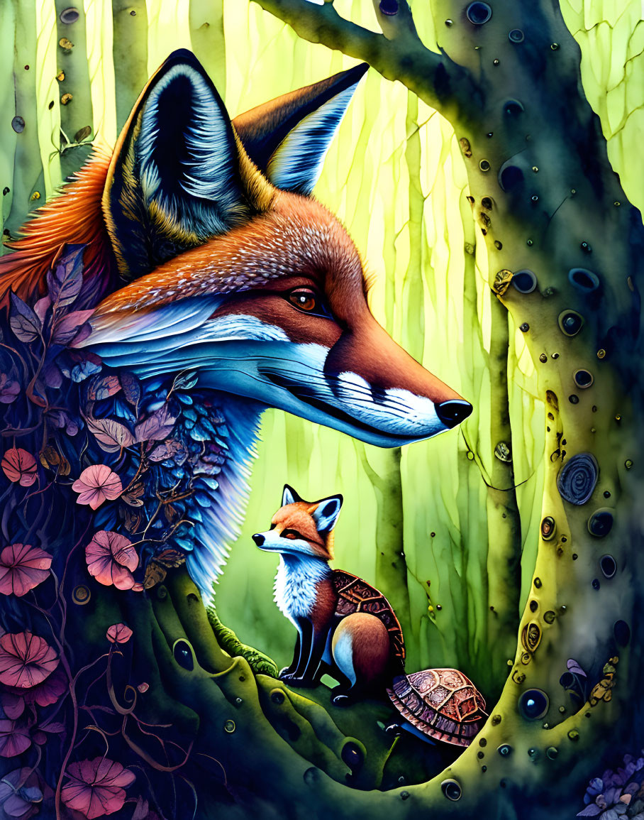 Detailed illustration of large fox head, smaller fox, and turtle in enchanted forest.