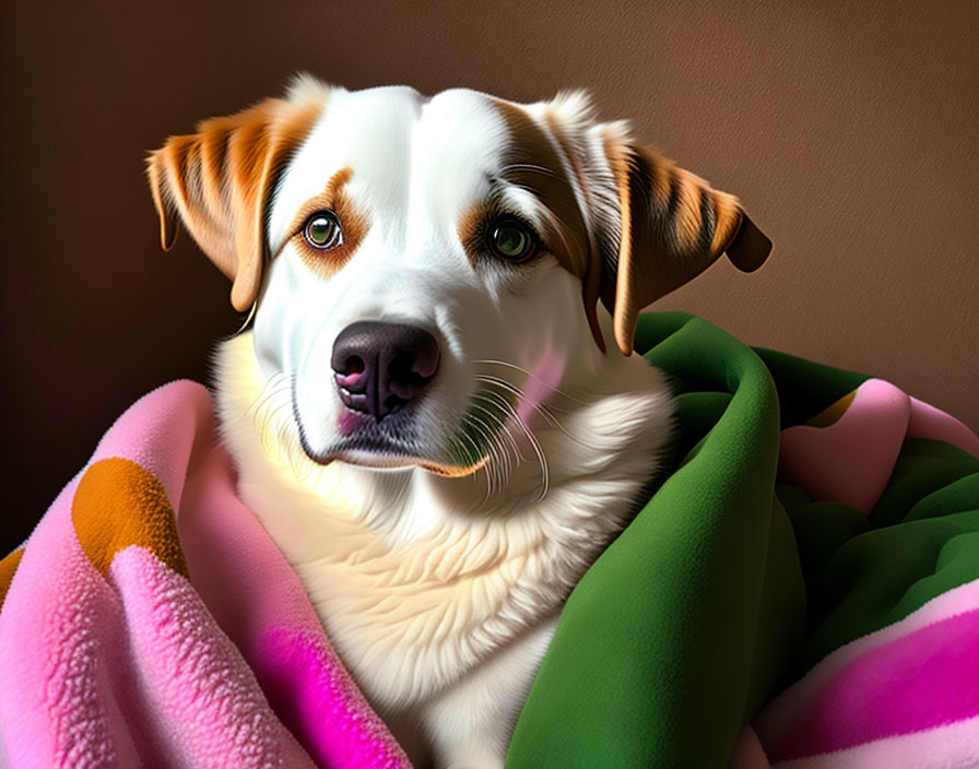 Brown and White Dog Wrapped in Colorful Blanket