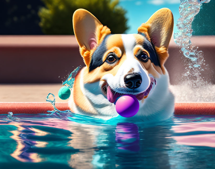 Happy corgi playing with purple ball in sunny pool