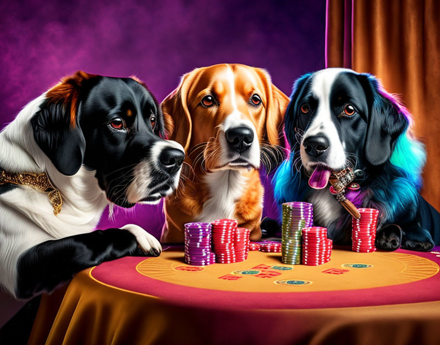 Three dogs playing poker with colorful chips and cards on purple background