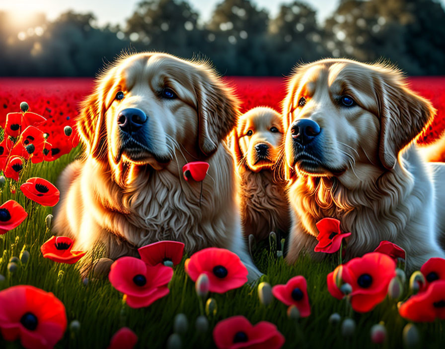 Three Golden Retrievers in Vibrant Field of Red Poppies