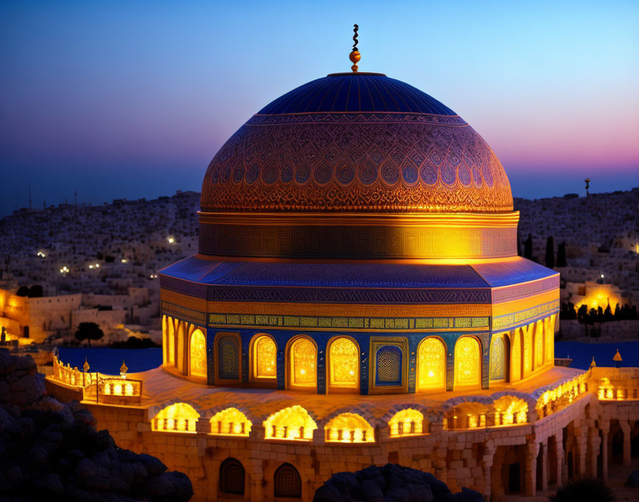 Illuminated Dome of the Rock at Dusk in Jerusalem