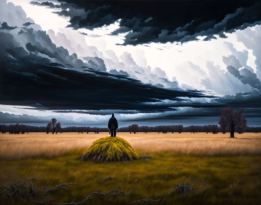 Figure on small hill in expansive field under stormy sky with light peeking through clouds