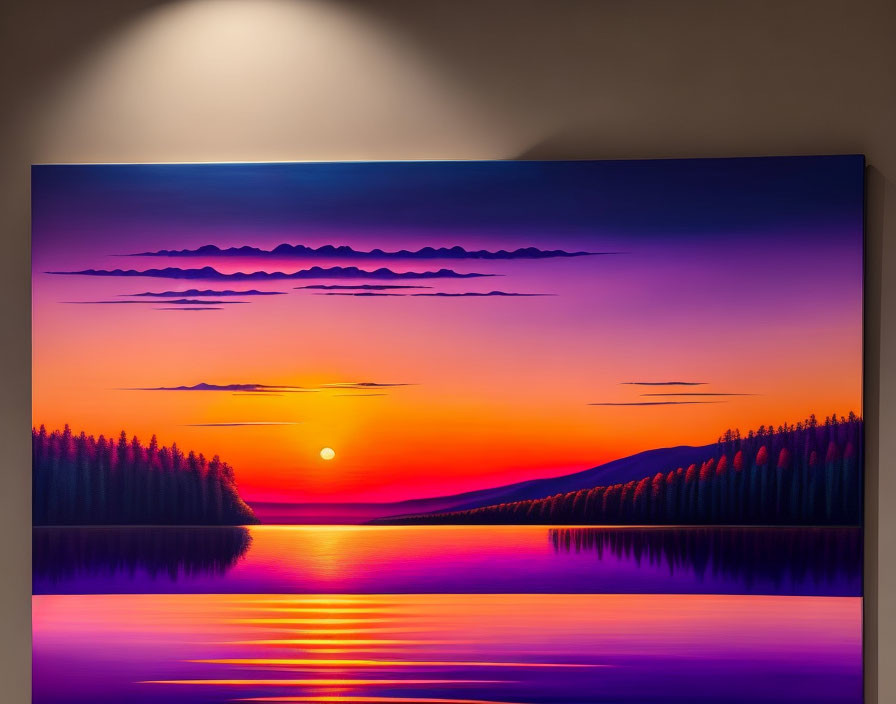 Scenic sunset painting with purple and orange hues over calm lake