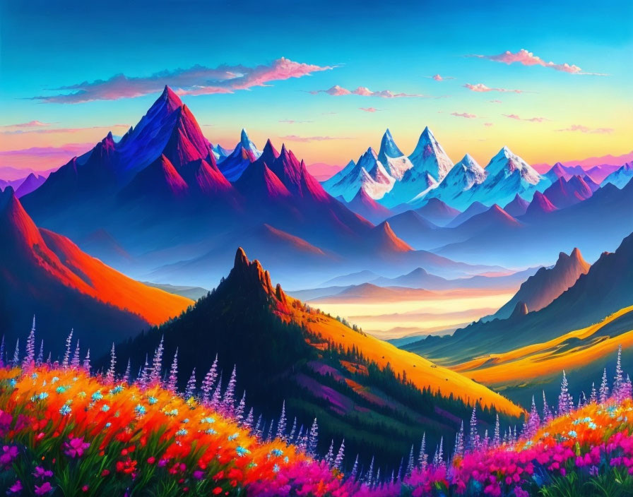 Majestic mountains, colorful wildflowers, and warm sky in vibrant landscape painting