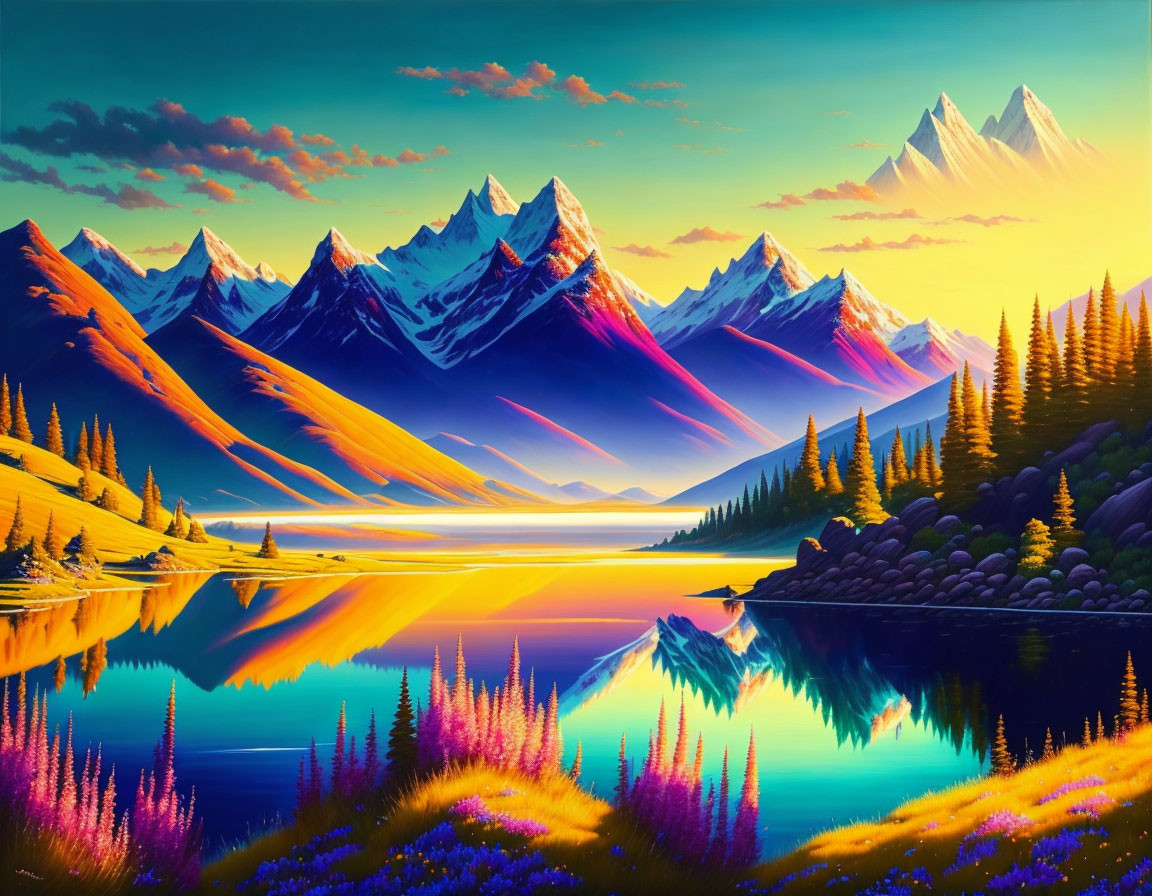 Colorful sunset landscape with snowy mountains, lake reflection, pine trees, and vibrant sky