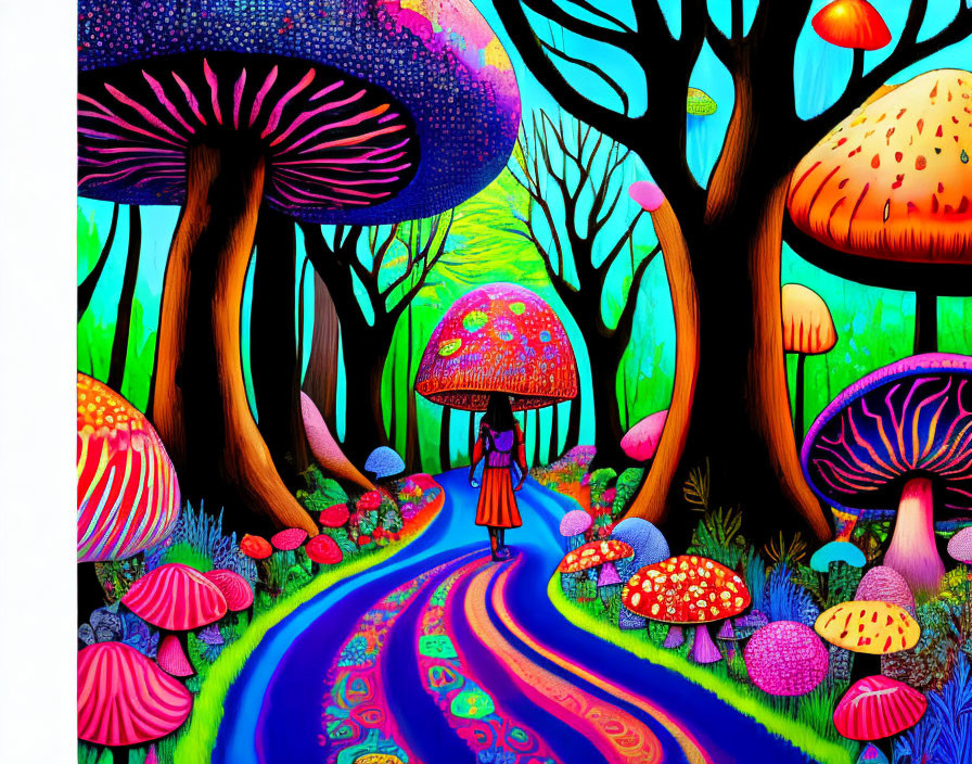 Colorful Psychedelic Forest Illustration with Oversized Mushrooms