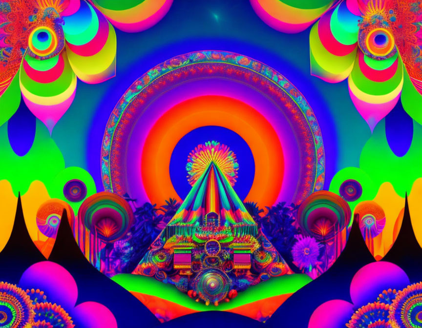 Colorful Psychedelic Illustration with Triangular Motif and Rainbow Hues