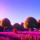 Colorful Fantasy Landscape with Glowing Mushrooms, Red Cloaked Figure, and Pink Grass