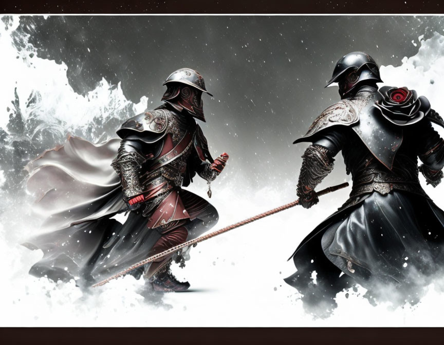 Medieval knights in ornate armor duel in snowy landscape