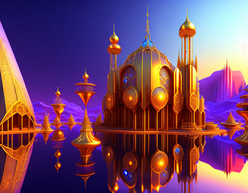 Vibrant digital artwork of a fantastical palace at dusk