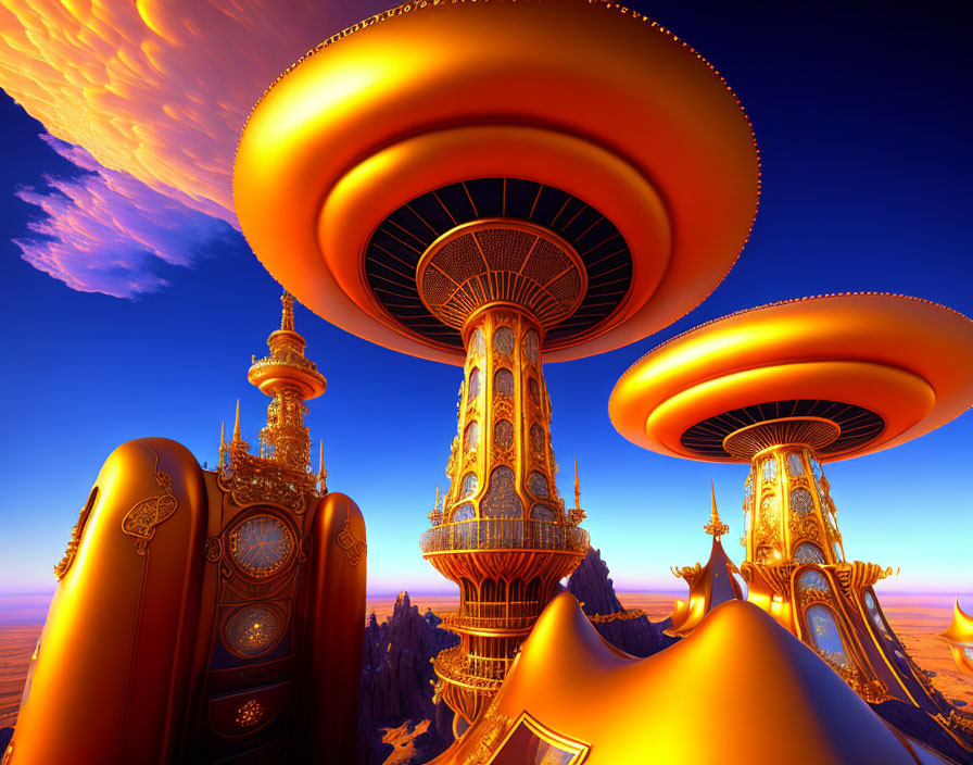 Futuristic orange towers with flying saucer-like tops in a vivid sky