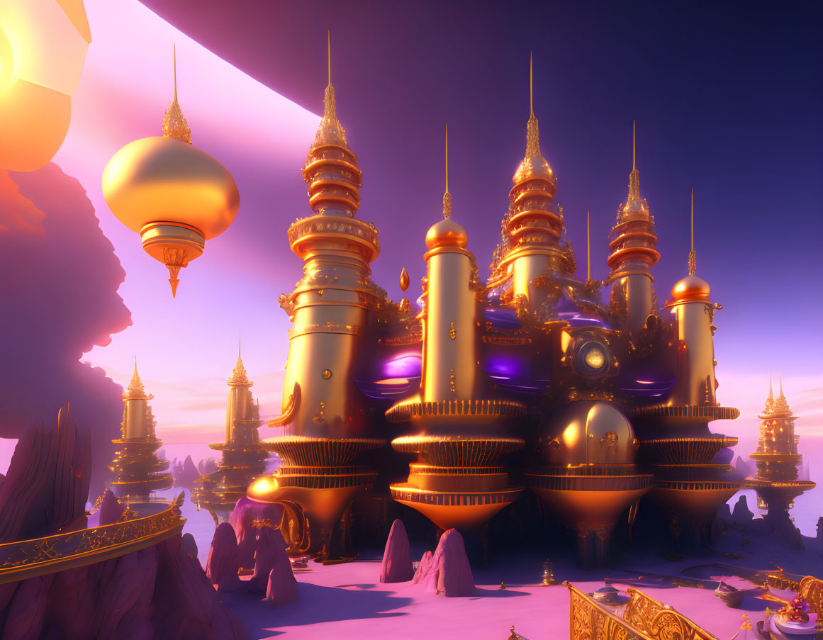 Golden city with spires and domes under a purple sky, featuring floating structures and balloons