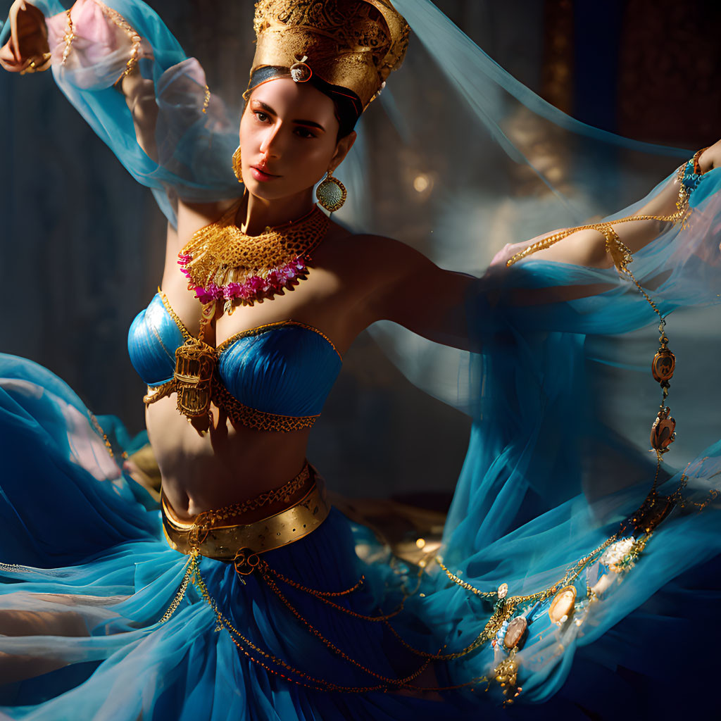 Woman in ornate blue and gold belly dancing costume with flowing fabrics and jewelry dances gracefully