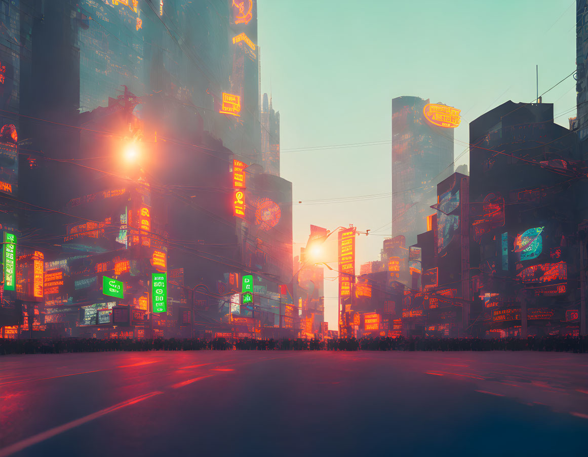 Futuristic cityscape with towering skyscrapers and neon signs