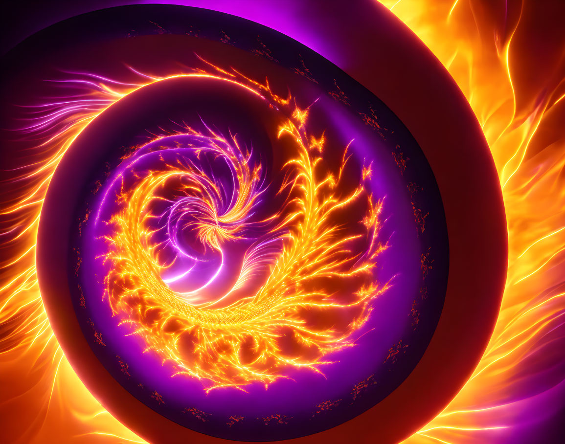 Colorful Fractal Art: Fiery Orange and Yellow Spiral on Purple Background