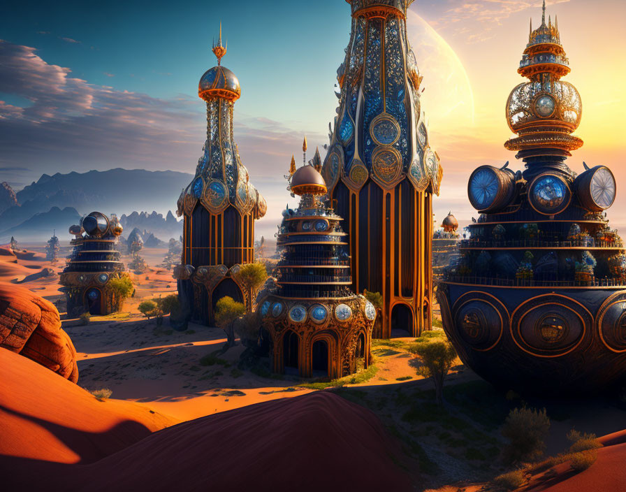 Ornate dome-topped buildings in futuristic desert city