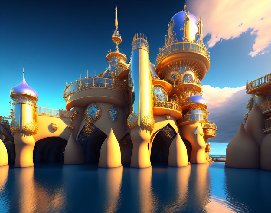 Golden palace with blue domes and spires in serene setting