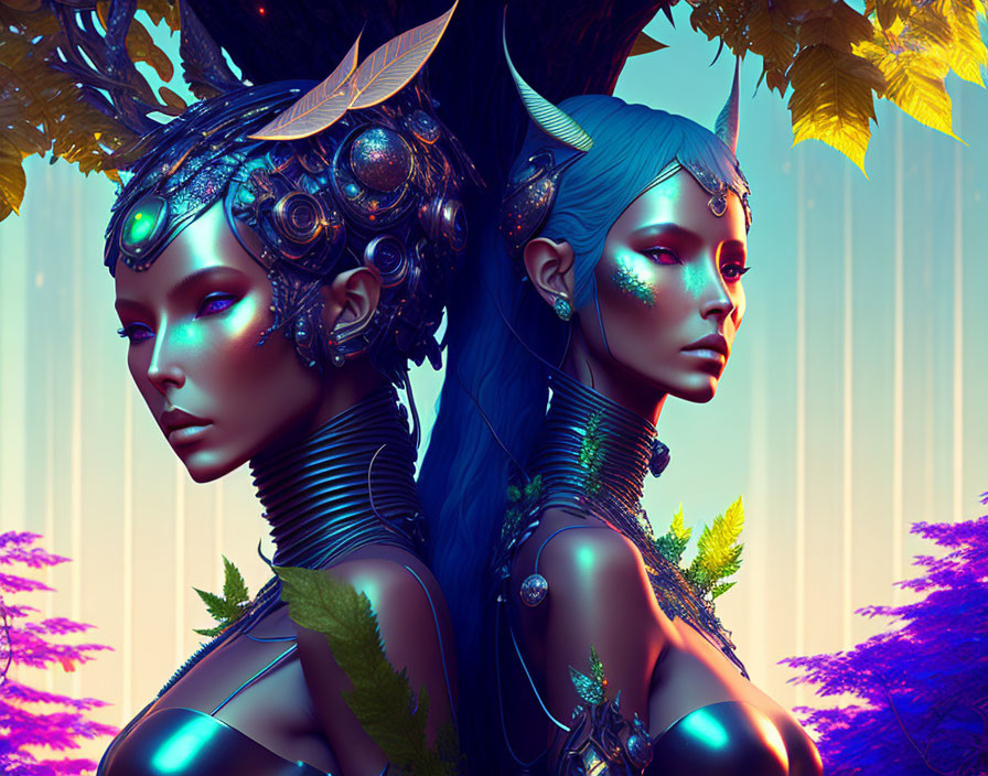 Blue-skinned female figures in ornate headpieces among vibrant alien flora.