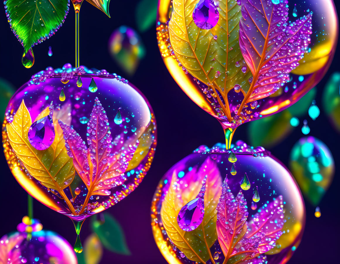 Vibrant digital art: translucent spheres, dew-covered leaves, vibrant hues, sparkling droplets,