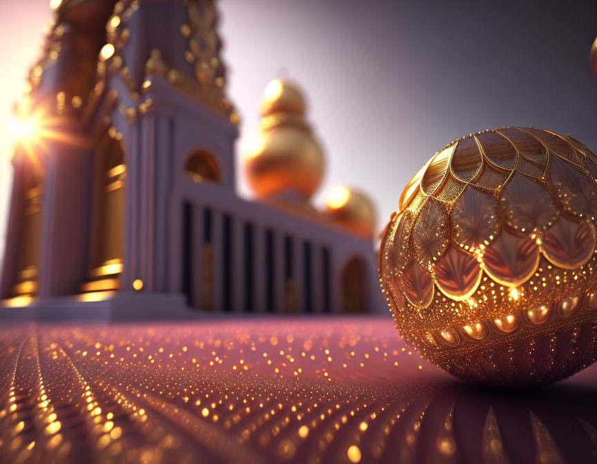 Golden Ornate Sphere on Reflective Surface Near Luxurious Golden Domes