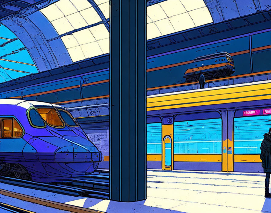 Vibrant blue and yellow train station illustration with high-speed train and lone figure