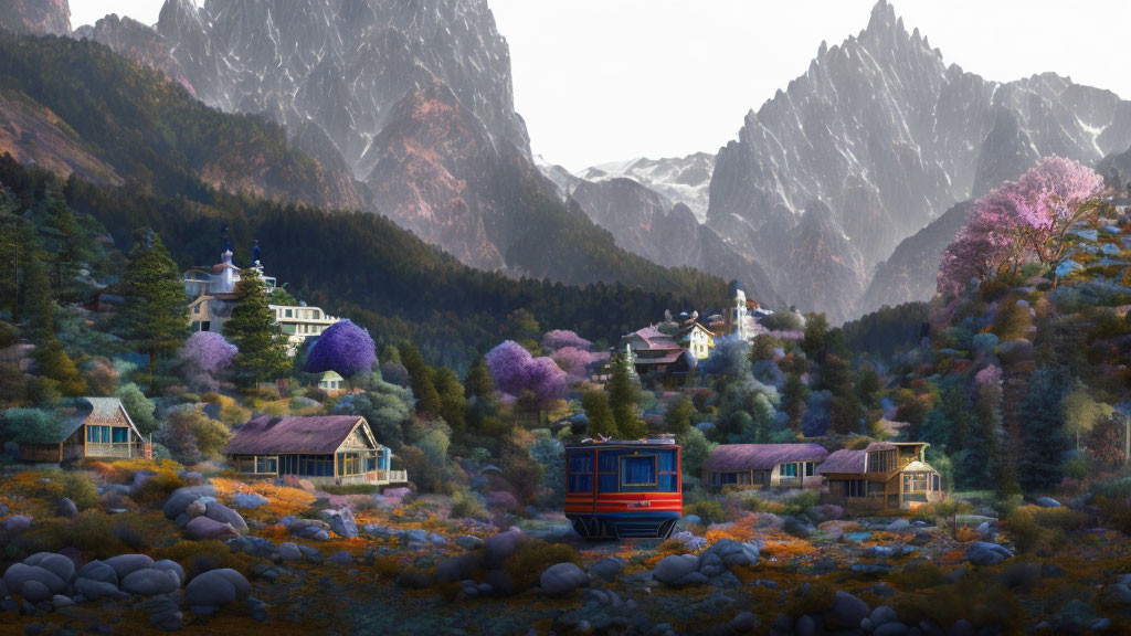 Scenic village with flowering trees, traditional houses, mountains, and red tram