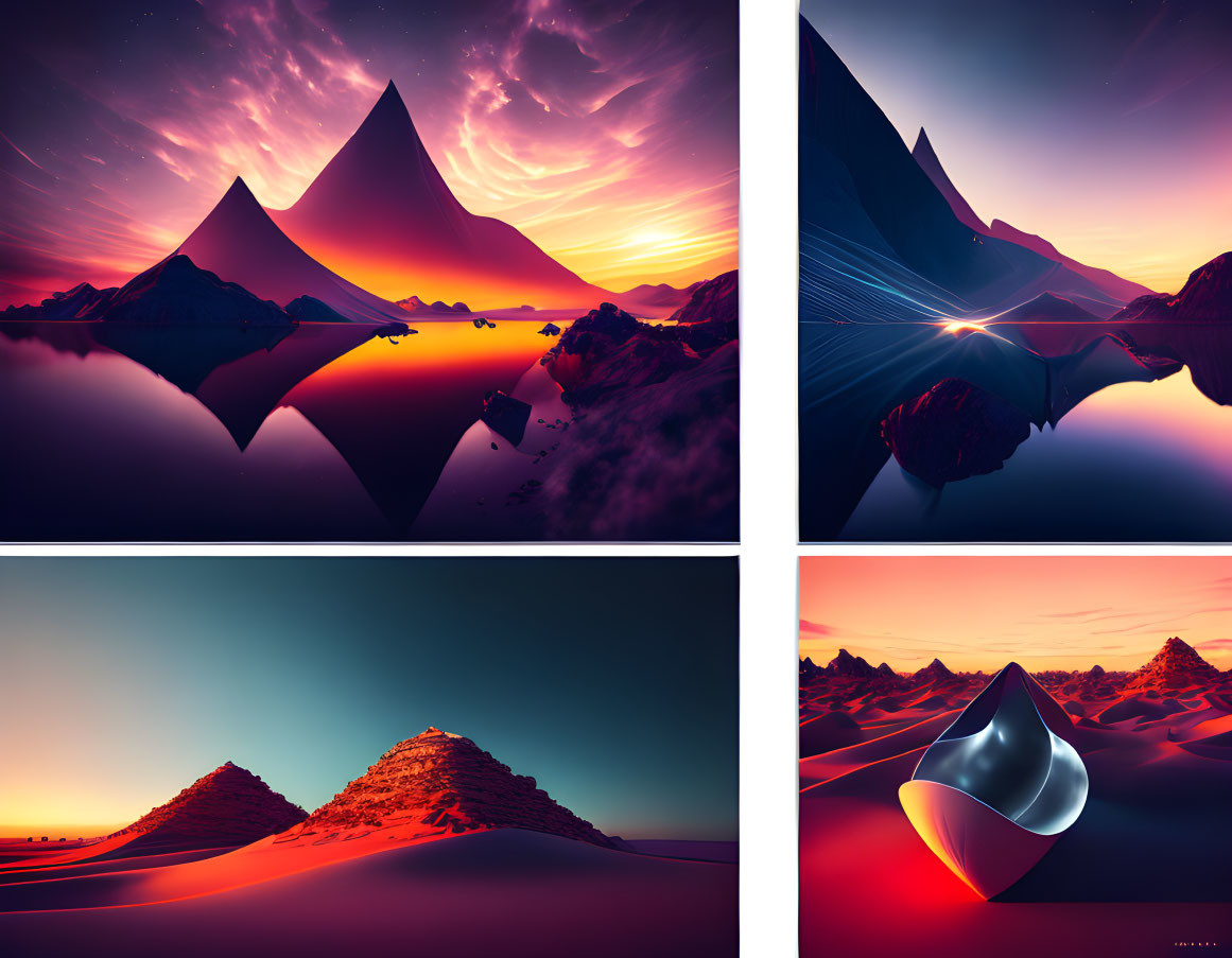 Surreal landscapes: sharp mountains, vibrant skies, water reflections, fluid metallic structure